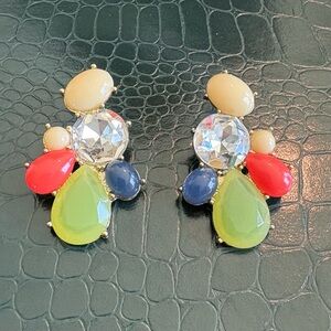 Colorful Teardrop Crystal Statement Earrings - Green, Blue, Coral & Cream